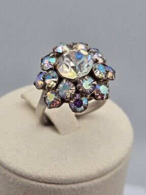 Vintage Aurora Borealis AB Rhinestone Cluster Ring Adjustable Size 6.5